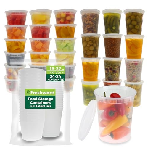 Freshware 48 Pack of 16 and 32 oz 24 sets each size Food Storage Containers with Lids Plastic Deli Containers Meal Prep Containers Microwave and Freezer Safe Stackable Leakproof BPA Free Clear - Image 1