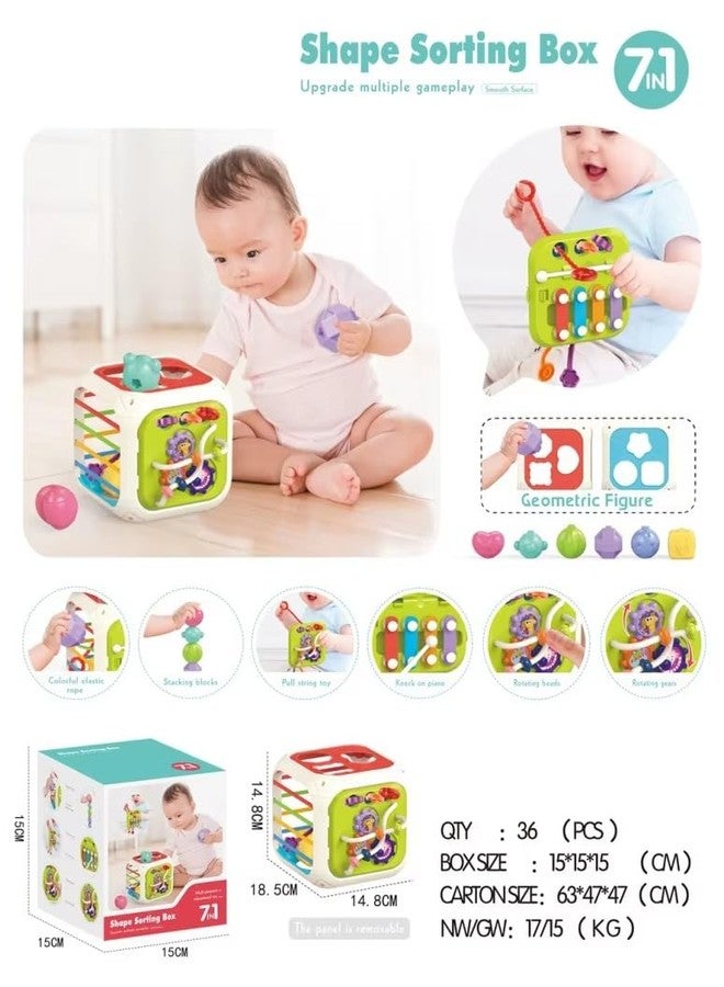 Dorytoys Dorytoy 7-in-1 Shape Sorting Box for Toddlers, Multifunctional Baby Activity Cube with Geometric Shape Sorter, Bead Maze, Piano Keys, Rotating Gears & Pull String Toy Educational Learning Toy - Image 4