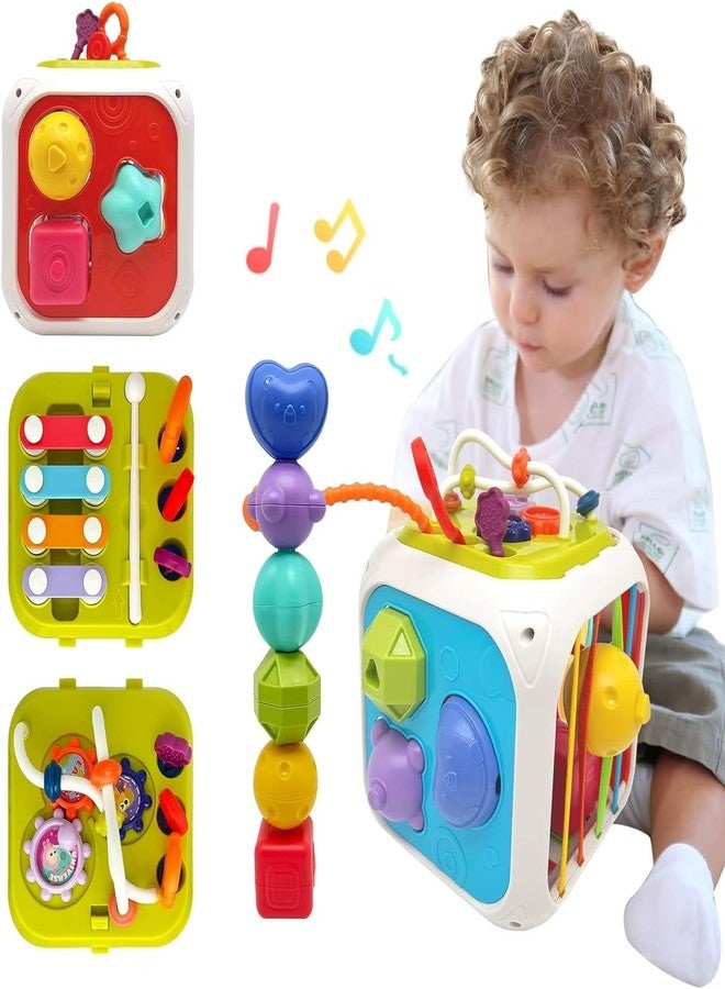 Dorytoys Dorytoy 7-in-1 Shape Sorting Box for Toddlers, Multifunctional Baby Activity Cube with Geometric Shape Sorter, Bead Maze, Piano Keys, Rotating Gears & Pull String Toy Educational Learning Toy - Image 3