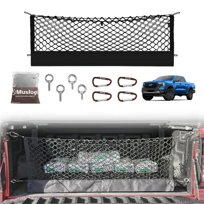 Muslogy Truck Bed Cargo Net Compatible with Ford Ranger 2024 2025 Accessories Storage Organizer Pickup Truck Bed Envelope Style Cargo Net with Heavy Duty Carabiners - Image 1