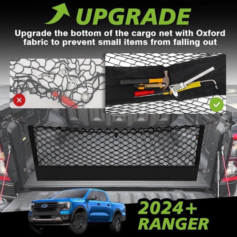 Muslogy Truck Bed Cargo Net Compatible with Ford Ranger 2024 2025 Accessories Storage Organizer Pickup Truck Bed Envelope Style Cargo Net with Heavy Duty Carabiners - Image 3