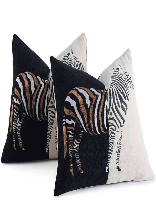 AmHoo Set of 2 Throw Pillow Covers Zebra Chenille Patchwork Decorative Pillows Cover Pillowcase for Sofa Couch Bed 18 x 18-Inch Black - Image 2