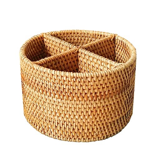 i-lan Natural Rattan 4 Compartments Storage Holder Cosmetics Organizer Utensil and Seasoning Bottle Serving Basket for Party(200mm 4-compartment Round Box) - Image 1
