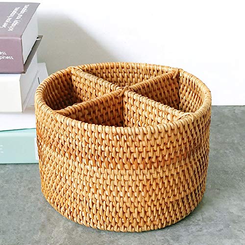 i-lan Natural Rattan 4 Compartments Storage Holder Cosmetics Organizer Utensil and Seasoning Bottle Serving Basket for Party(200mm 4-compartment Round Box) - Image 3