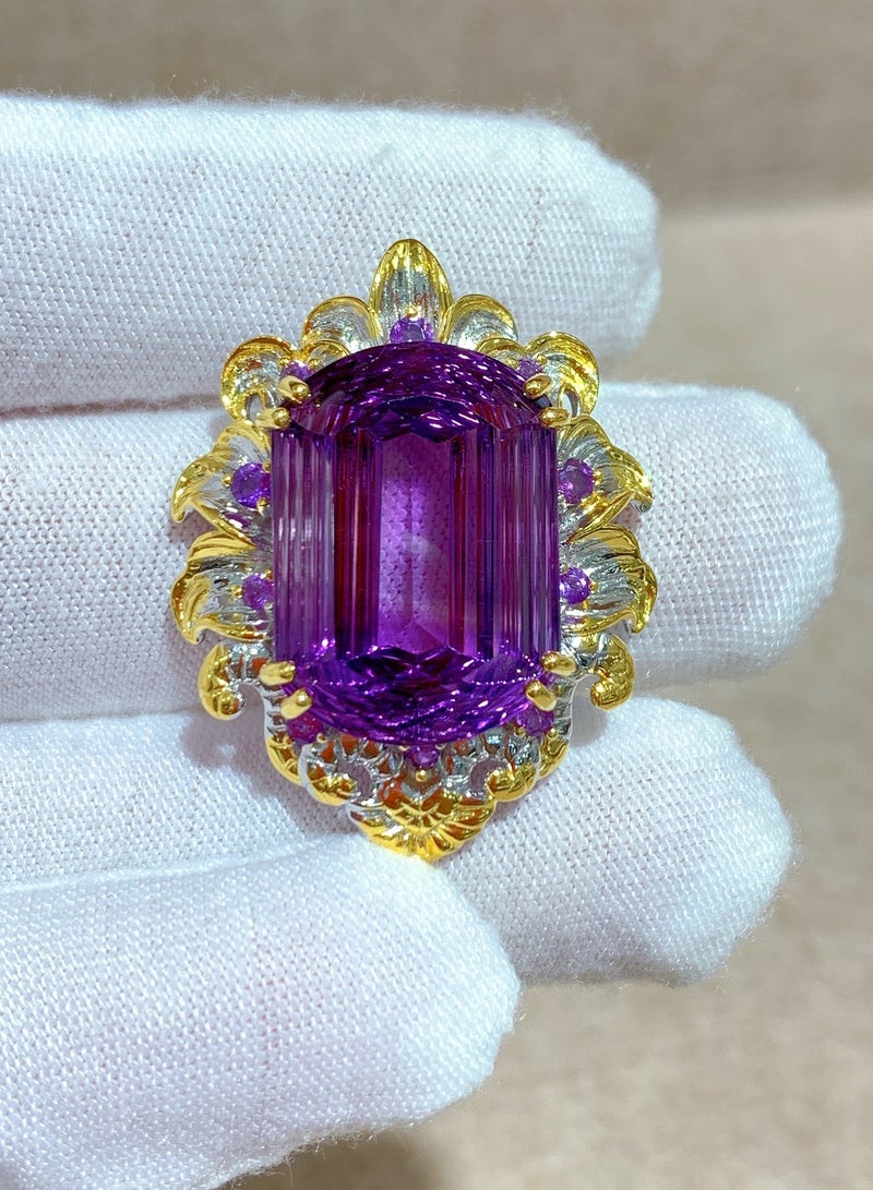 Fashion women natural purple crystal gem stone necklace pendant，925 sterling silver plated by gold，with national jewelry inspection certificate，the cutted purple crystal size 15 mm 21 mm  - Image 1