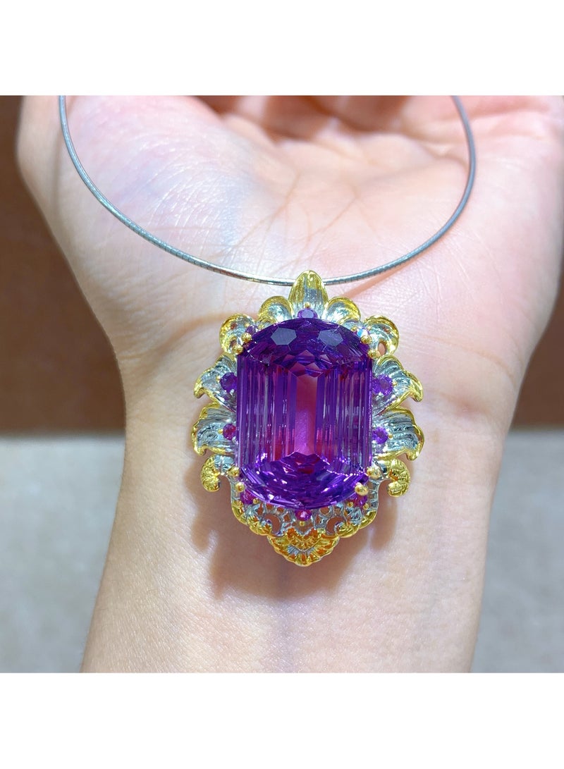 Fashion women natural purple crystal gem stone necklace pendant，925 sterling silver plated by gold，with national jewelry inspection certificate，the cutted purple crystal size 15 mm 21 mm  - Image 2