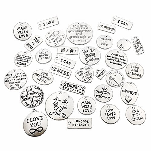 iloveDIYbeads 30pcs Inspiration Words Charms Craft Supplies Mixed Pendants Beads Charms Pendants for Crafting Jewelry Findings Making Accessory for DIY Necklace Bracelet (Antique Silver) - Image 1