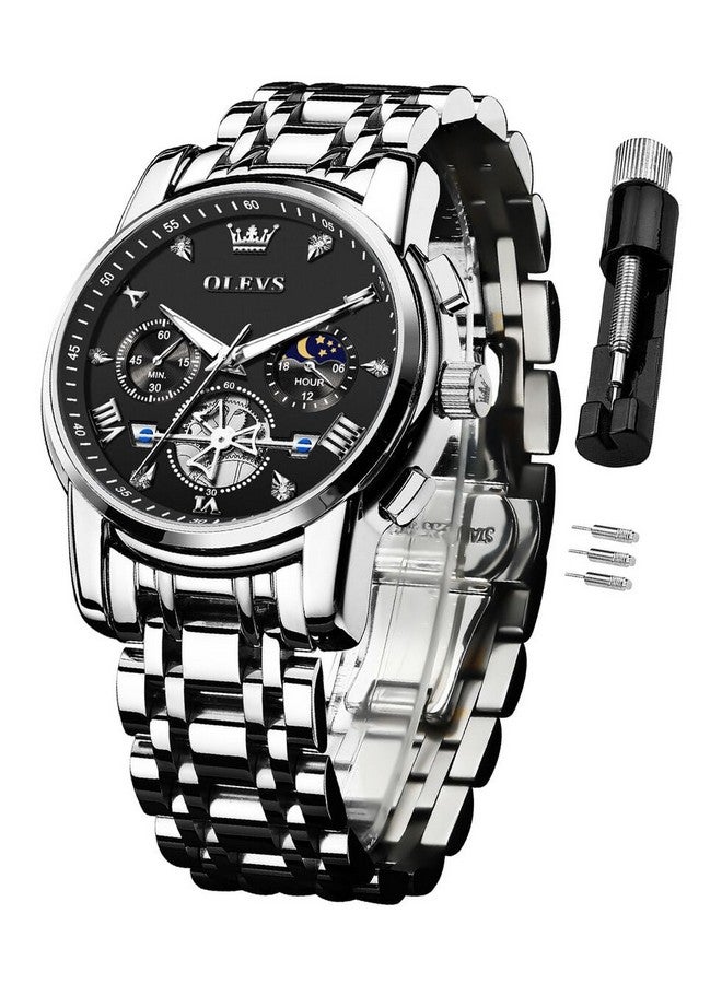 OLEVS Watch for Men Skeleton Analog Quartz Chronograph Diamond Watches Stainless Steel Moon Phase Calendar Waterproof Wrist Watch Silver Black - Image 1