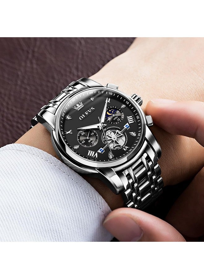 OLEVS Watch for Men Skeleton Analog Quartz Chronograph Diamond Watches Stainless Steel Moon Phase Calendar Waterproof Wrist Watch Silver Black - Image 3