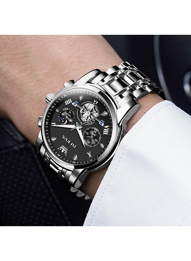 OLEVS Watch for Men Skeleton Analog Quartz Chronograph Diamond Watches Stainless Steel Moon Phase Calendar Waterproof Wrist Watch Silver Black - Image 5