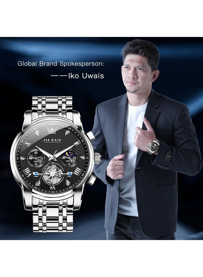 OLEVS Watch for Men Skeleton Analog Quartz Chronograph Diamond Watches Stainless Steel Moon Phase Calendar Waterproof Wrist Watch Silver Black - Image 2