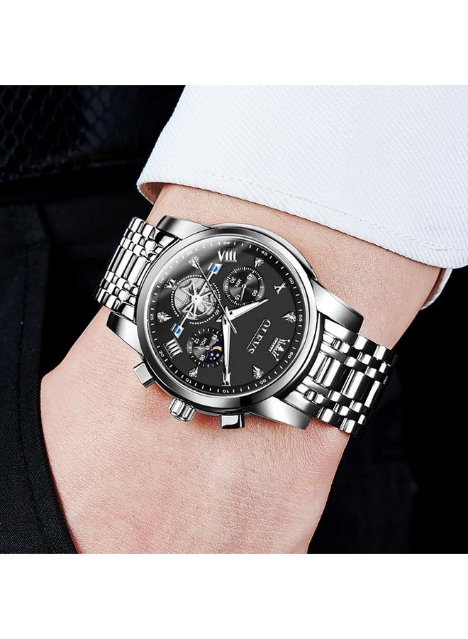 OLEVS Watch for Men Skeleton Analog Quartz Chronograph Diamond Watches Stainless Steel Moon Phase Calendar Waterproof Wrist Watch Silver Black - Image 4