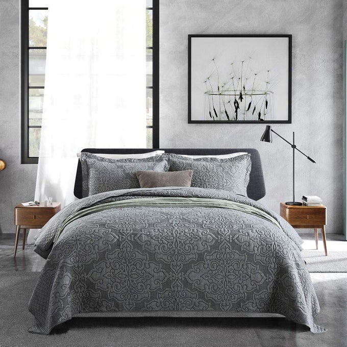 3PIECE KING QUILT SET QUILTED BEDSPREAD OVERSIZED MICROFIBER LIGHTWEIGHT BEDSPREAD COVERLET SET WITH SHAMS BEDDING SET FOR ALL SEASON GREY KING