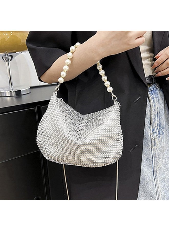 Sither Rhinestone Purse for Women Evening Bag Sparkly Clutch Handbag with Pearls Chain for Party (silver) - Image 2