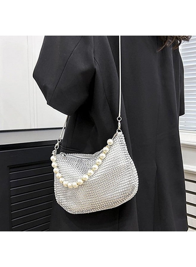 Sither Rhinestone Purse for Women Evening Bag Sparkly Clutch Handbag with Pearls Chain for Party (silver) - Image 4