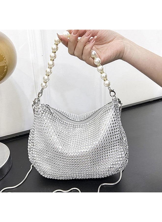 Sither Rhinestone Purse for Women Evening Bag Sparkly Clutch Handbag with Pearls Chain for Party (silver) - Image 3