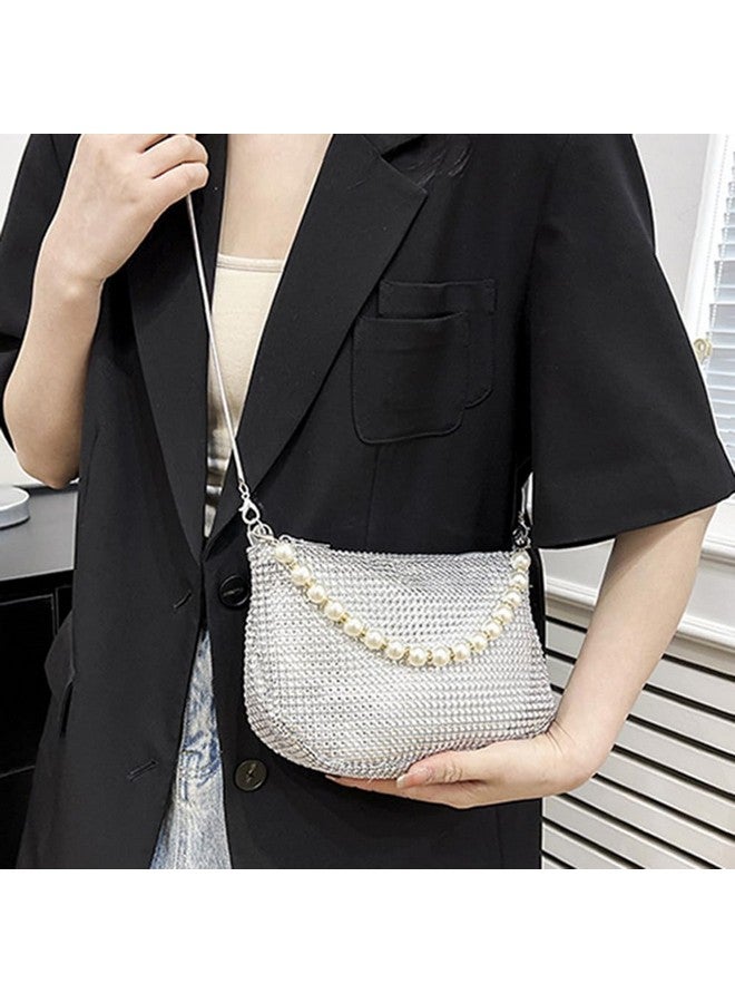 Sither Rhinestone Purse for Women Evening Bag Sparkly Clutch Handbag with Pearls Chain for Party (silver) - Image 1
