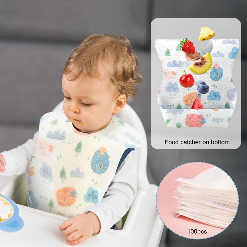Shinymoon 100 Pcs Disposable Baby Bibs Individual Wrapped Travel Bibs Waterproof Food Catcher for Toddlers Girls Boys Feeding (Classic Style) - Image 2