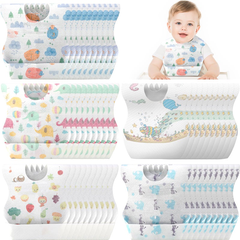 Shinymoon 100 Pcs Disposable Baby Bibs Individual Wrapped Travel Bibs Waterproof Food Catcher for Toddlers Girls Boys Feeding (Classic Style) - Image 1