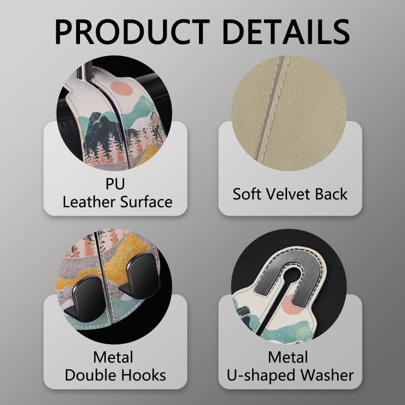 Blusabaca 2PCS Car Seat Back Storage Headrest Hooks, Sunrise Purse Holder Bags Hanger, PU Leather Double Metal Hook for Backseat Organizer, Women Car Accessories Organization - Image 4