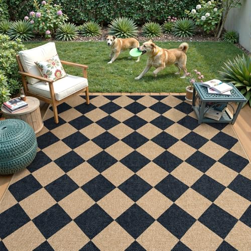 La Home Lahome Checkered Easy Jute 5x7 Area Rugs, Washable Outdoor Patio Rug for Living Room Diamond Indoor Outdoor Carpet, Farmhouse Geometric Non Slip Black Carpet for Backyard Dining Room - Image 2