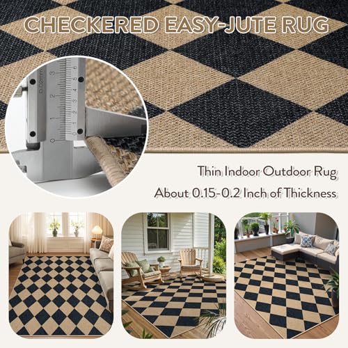 La Home Lahome Checkered Easy Jute 5x7 Area Rugs, Washable Outdoor Patio Rug for Living Room Diamond Indoor Outdoor Carpet, Farmhouse Geometric Non Slip Black Carpet for Backyard Dining Room - Image 5