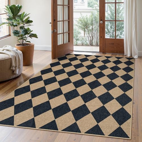 La Home Lahome Checkered Easy Jute 5x7 Area Rugs, Washable Outdoor Patio Rug for Living Room Diamond Indoor Outdoor Carpet, Farmhouse Geometric Non Slip Black Carpet for Backyard Dining Room - Image 1