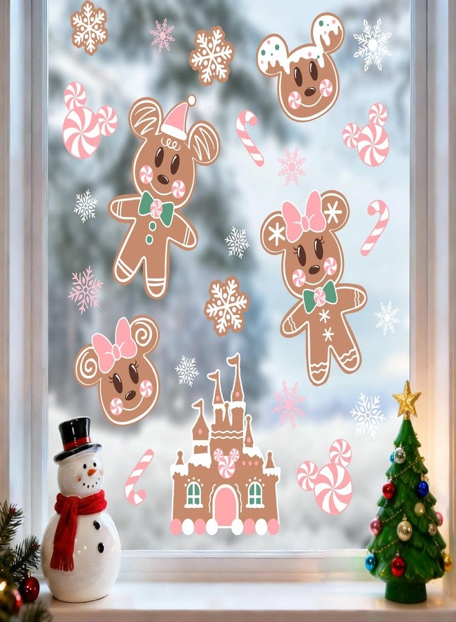 Mfault Pink Christmas Gingerbread Man Castle Window Clings, Xmas Cookie Peppermint Candy Cane Stickers Decals Decorations, Winter Holiday Snowflake Home Kitchen Decor - Image 1