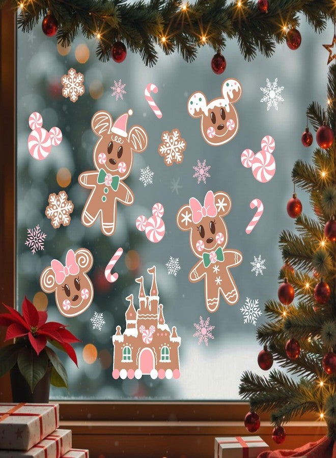 Mfault Pink Christmas Gingerbread Man Castle Window Clings, Xmas Cookie Peppermint Candy Cane Stickers Decals Decorations, Winter Holiday Snowflake Home Kitchen Decor - Image 3
