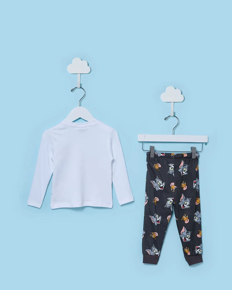 Redtag Infant Boys White and Black And Tom And Jerry Pyjama 2 Piece Set