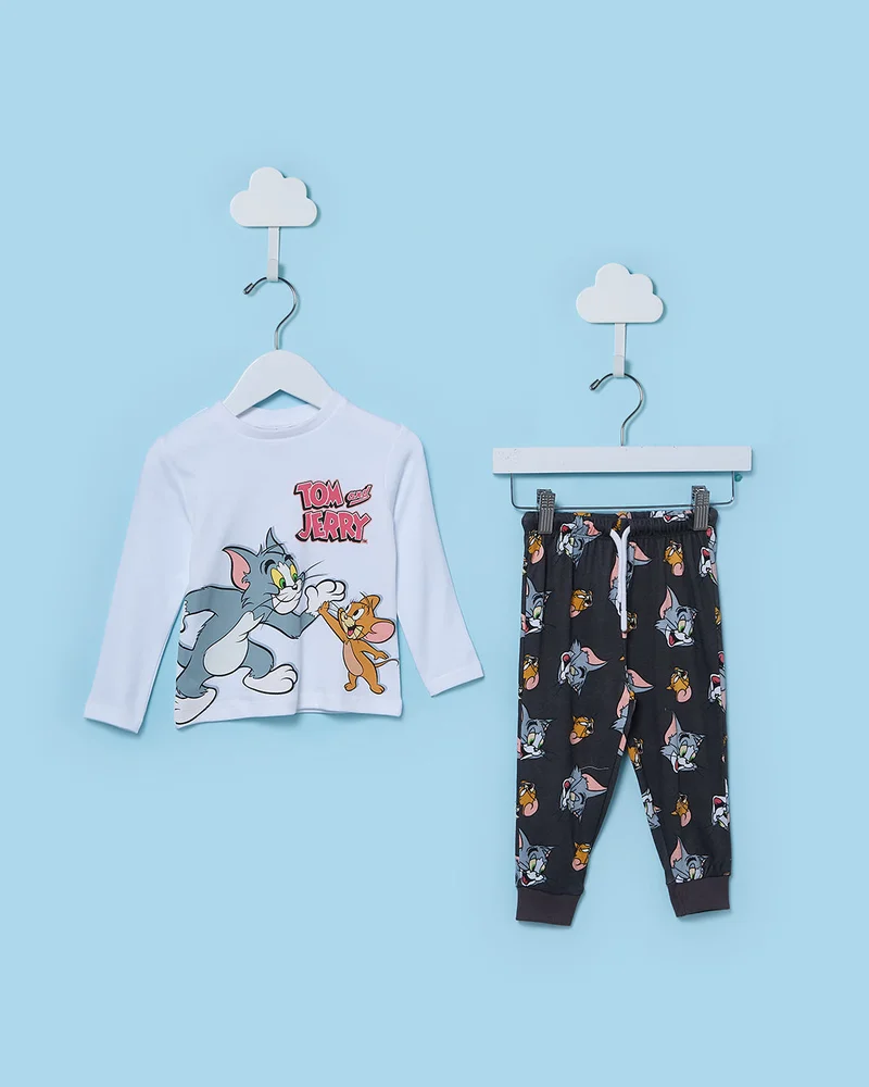 Redtag Infant Boys White and Black And Tom And Jerry Pyjama 2 Piece Set