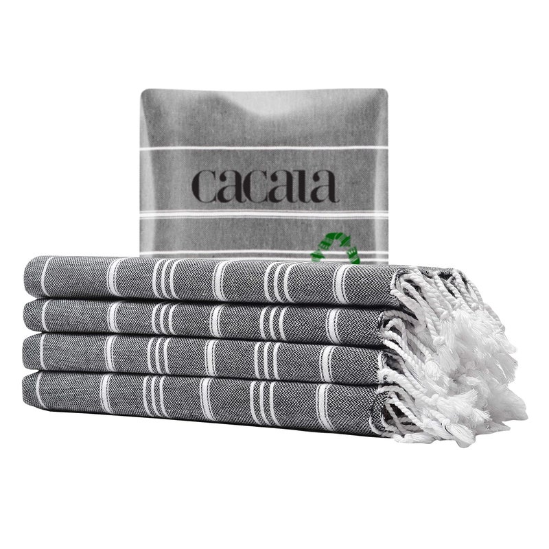 Cacala Turkish Hand Towels with Hanging Loop (23 x 36) Set of 4-100% Cotton Kitchen Towel Quick Dry Prewashed for Soft Feel Decorative Towels for face Gym, Yoga and Bathroom- Black - Image 1