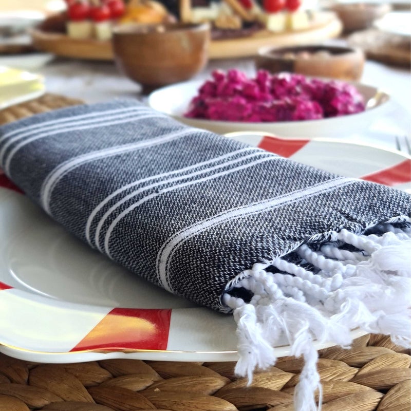 Cacala Turkish Hand Towels with Hanging Loop (23 x 36) Set of 4-100% Cotton Kitchen Towel Quick Dry Prewashed for Soft Feel Decorative Towels for face Gym, Yoga and Bathroom- Black - Image 4