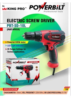 KING-PRO KING PRO By POWERBILT PBTSD10L 10mm Electric Screwdriver Drill 500W 3 Free Bits and Variable Speed and 191Torque and Speed Maximum Chuck Size 38 Inches  - Image 2