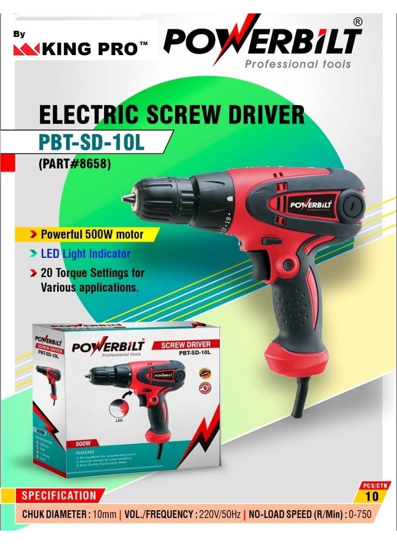 KING-PRO - KING PRO By POWERBILT PBTSD10L 10mm Electric Screwdriver Drill 500W 3 Free Bits and Variable Speed and 191Torque and Speed Maximum Chuck Size 38 Inches - Image 1