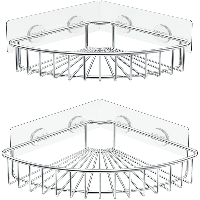 SMARTAKE 2-Pack Corner Shower Caddy, SUS304 Stainless Steel, Wall Mounted Bathroom Shelf with Adhesive, Storage Organizer for Toilet, Dorm and Kitchen (Silver) - Image 1