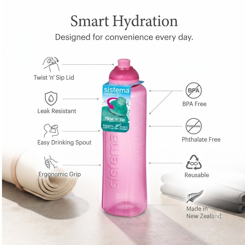 Sistema 480ML Swift Squeeze Water Bottle, BPA Free Leak-Proof Reusable Sports Bottle, Lightweight Easy-Squeeze Drinking Bottle for Back to School, Kids, Sports, Cycling, Gym, Travel & Everyday Hydration - Pink - Image 3