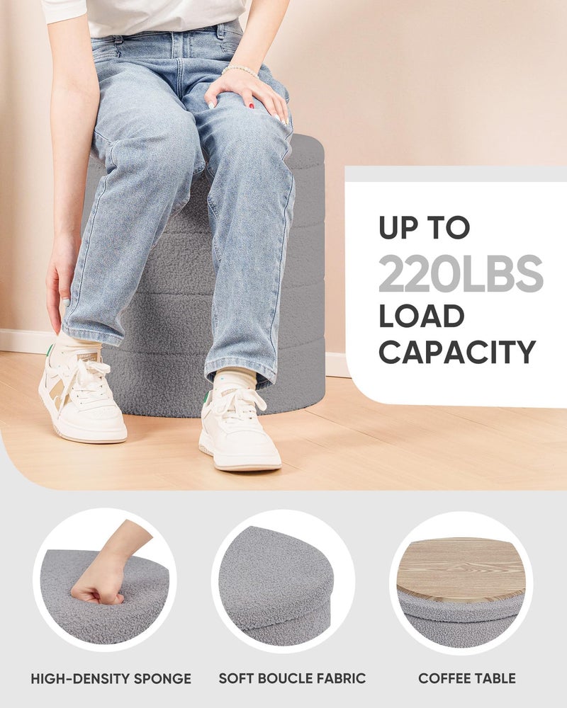 B FSOBEIIALEO Ottoman with Stroage, Round Sherpa Storage Ottoman Stool, Boucle Foot Rest 16.9"x16.9"x17.7"ï¼ˆGrey - Image 3