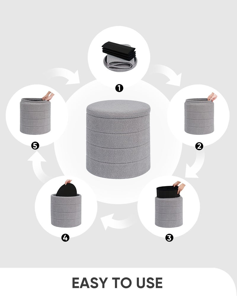 B FSOBEIIALEO Ottoman with Stroage, Round Sherpa Storage Ottoman Stool, Boucle Foot Rest 16.9"x16.9"x17.7"ï¼ˆGrey - Image 5