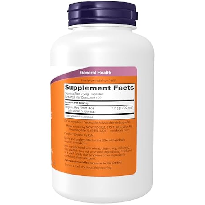 NOW Supplements, Red Yeast Rice 600 mg, Made with Organic Red Yeast Rice, 240 Veg Capsules - Image 2