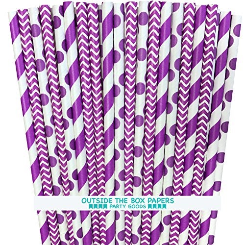 Outside the Box Papers Purple Stripe, Chevron and Polka Dot Paper Straws 7.75 Inches 75 Pack Purple, White - Image 1