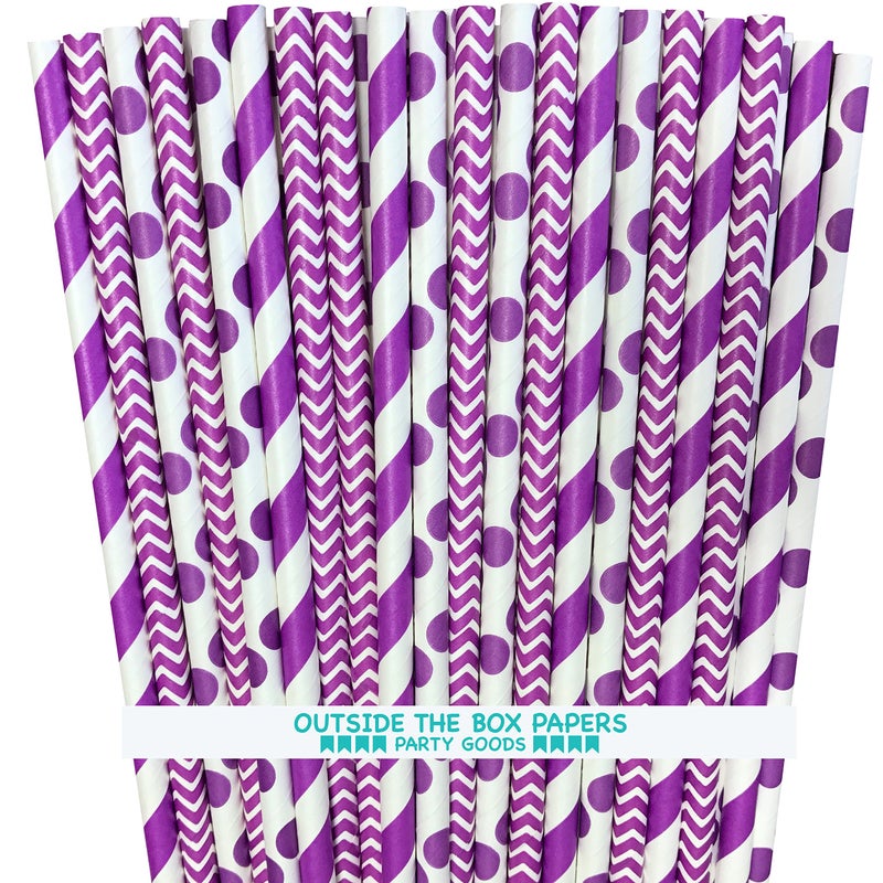 Outside the Box Papers Purple Stripe, Chevron and Polka Dot Paper Straws 7.75 Inches 75 Pack Purple, White - Image 4