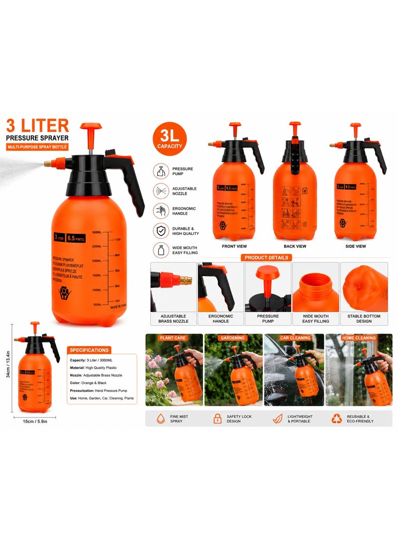 3 Liter Hand Pump Pressure Sprayer Bottle with Adjustable Nozzle for Gardening and Cleaning - Image 2