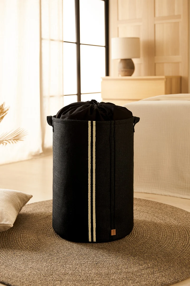 Ocean Home Textile Drawstring Striped Black Color Jute Laundry Basket 40 x 55 cm