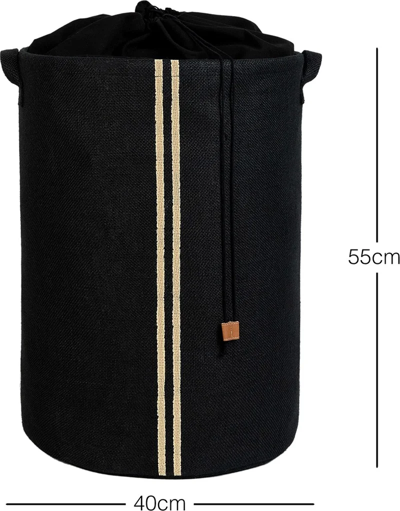 Ocean Home Textile Drawstring Striped Black Color Jute Laundry Basket 40 x 55 cm