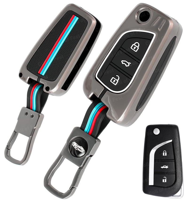 Coll of Fest Metal Silicon Key Cover Compatible For Toyota Innova Crysta Corolla-Altis Camry HyCross Hilux 3 Button Flip Smart Key Cover Metal Protection Special Feature Visible in low-light Condition - Image 1