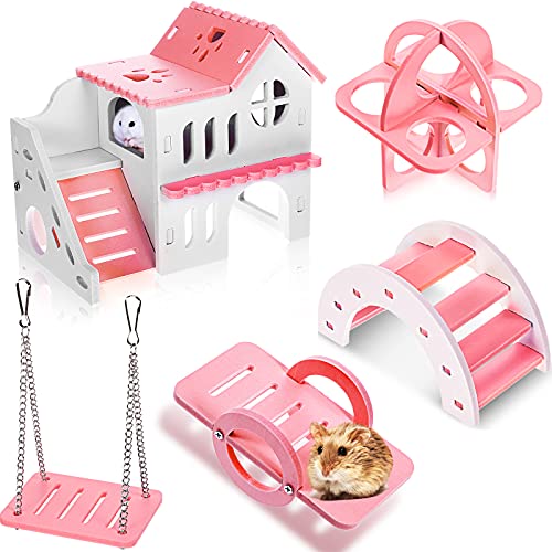 Skylety 5 Pcs Hamster Toys Include Wooden Accessories Hamster House Guinea Pig Hideout Rainbow Bridge Seesaw Swing Exercise Circle Cage Toy for Small Animals63 x 393 x 55 inchPink - Image 1