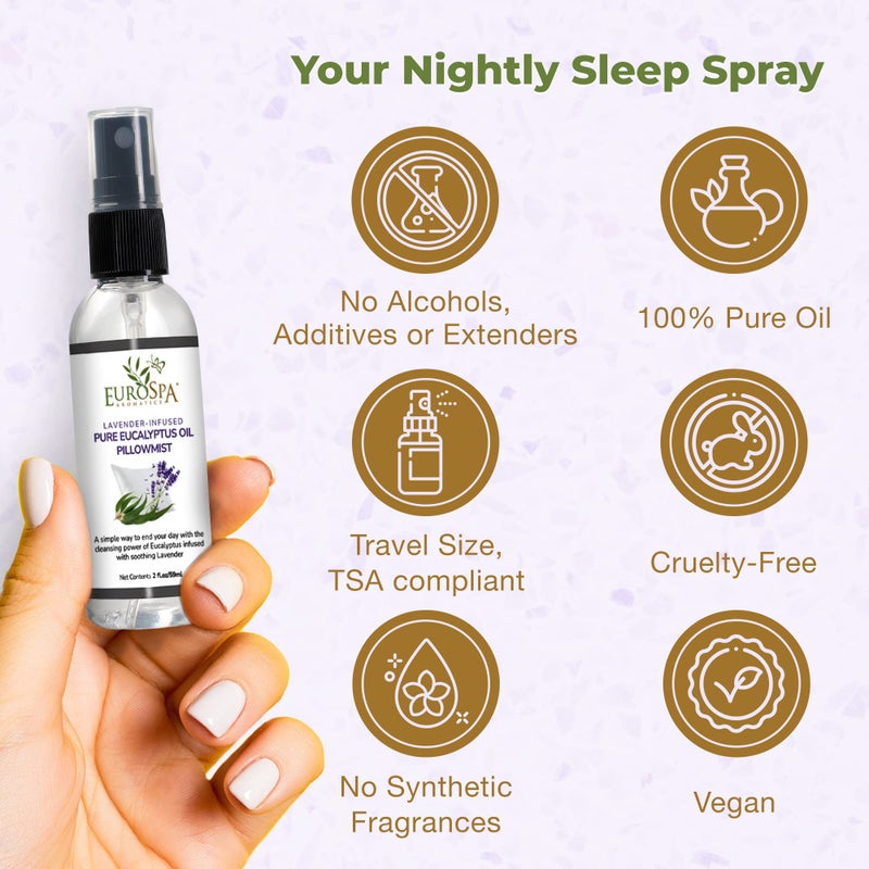 EuroSpa Aromatics Lavender-Infused Pure Eucalyptus Oil Pillow Mist Sleep Spray - Deep Sleep Pillow Spray - Lavender Bed Spray - Lavender Spray Sleep Mist - Lavender Linen Spray for Bedding - 2oz - Image 4