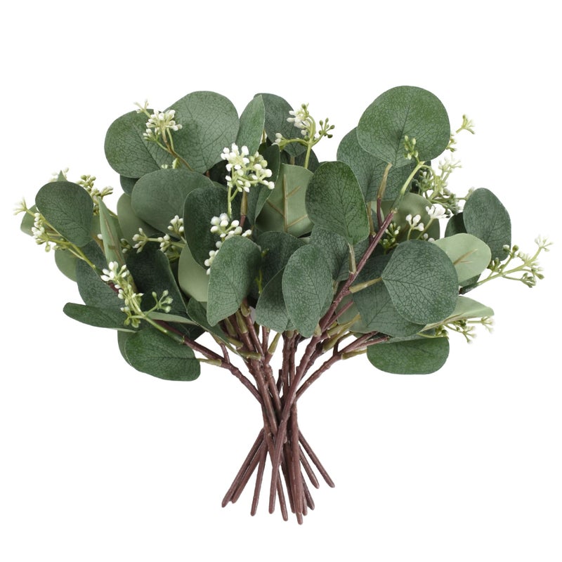 HOKPA 12pcs Mixed Artificial Eucalyptus Leaves Stems with White Seeds White Flowers Faux Eucalyptus Branches Greenery Plants for Floral Bouquets Wedding Arrangement Holiday Vase Decor