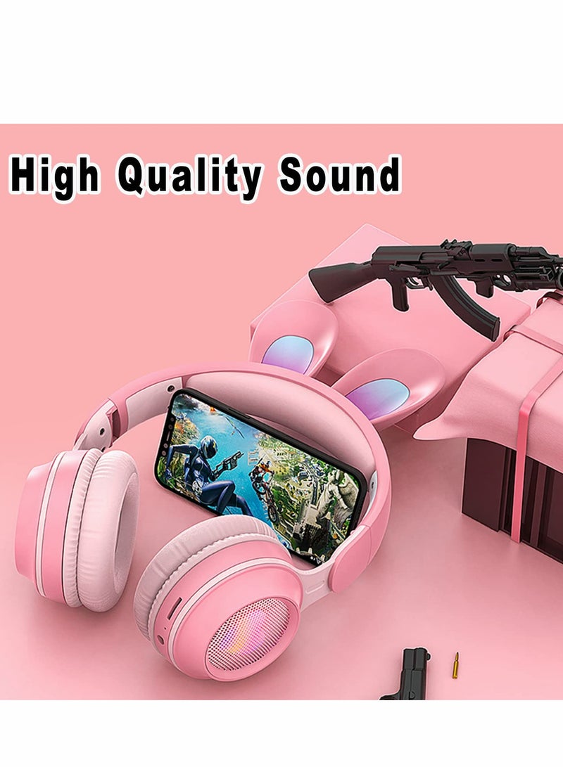 Over Ear Headphone, Bluetooth Headphones for Kids, Wireless Foldable Kids Headset with LED Rabbit Ears Removeable Noise Cancelling Microphone Girls on School, Travel, Gaming (Pink) - Image 5